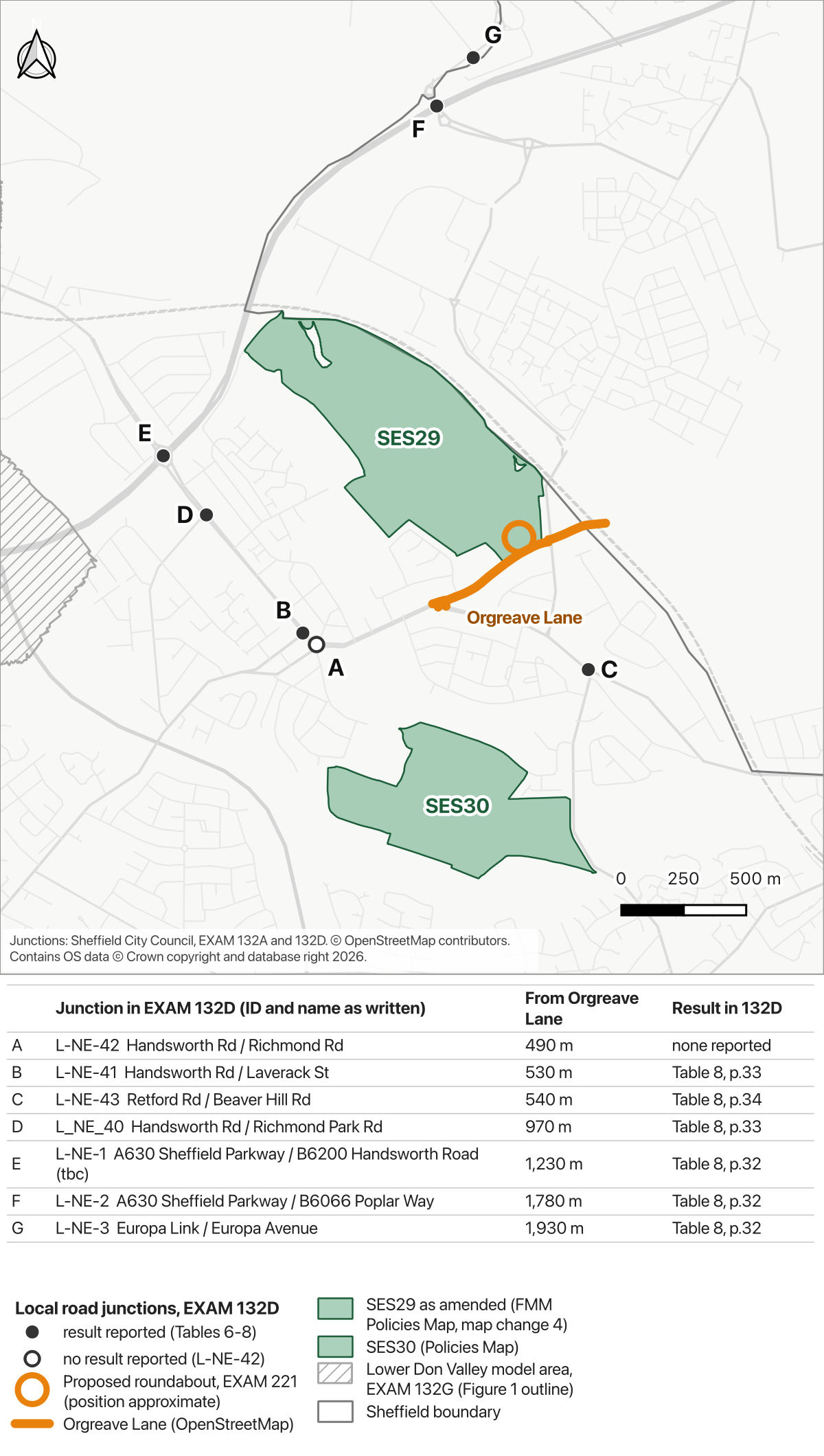 S13 map showing Orgreave Lane, the proposed SES29 roundabout and nearby junctions listed in the Council's transport report.