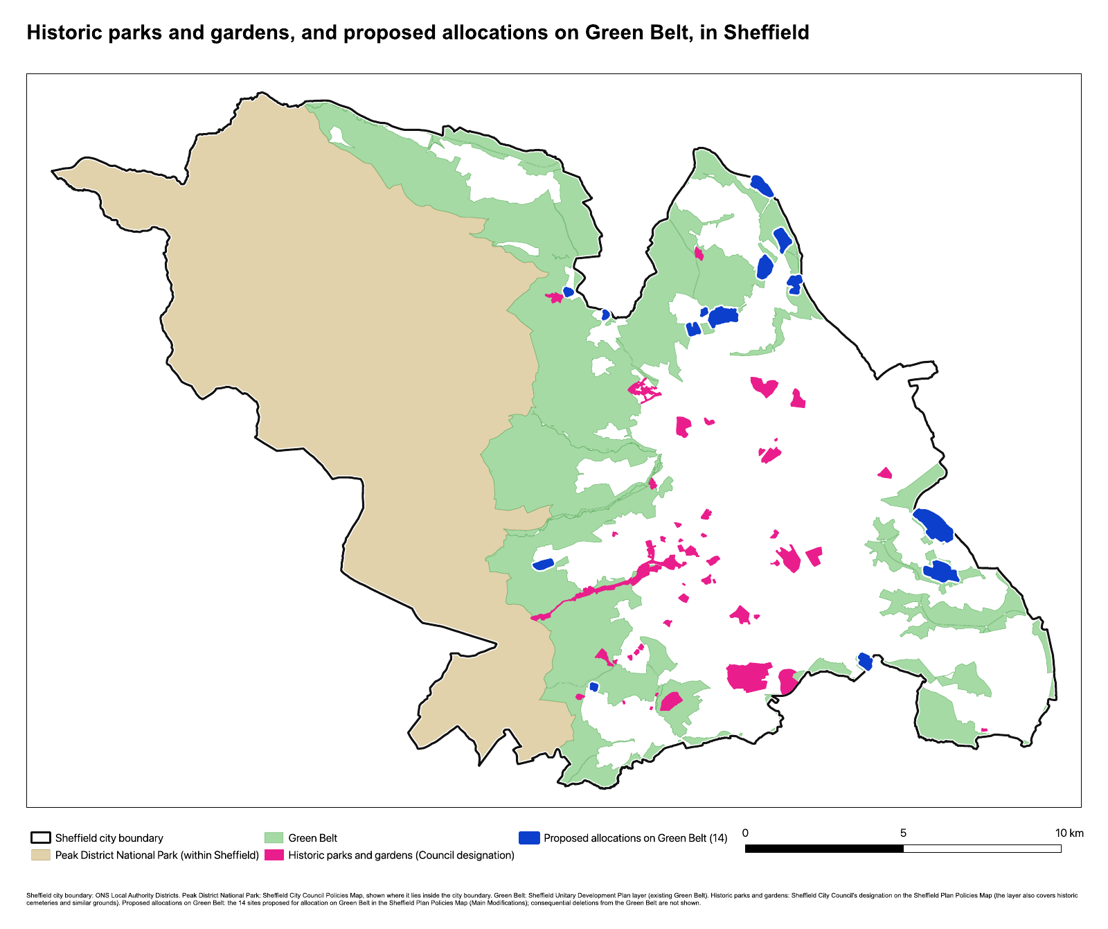 Map of Sheffield showing historic parks and gardens in pink, 14 areas proposed for development on Green Belt in blue, existing Green Belt in green, and the part of the Peak District National Park inside Sheffield in beige. The city boundary is black.