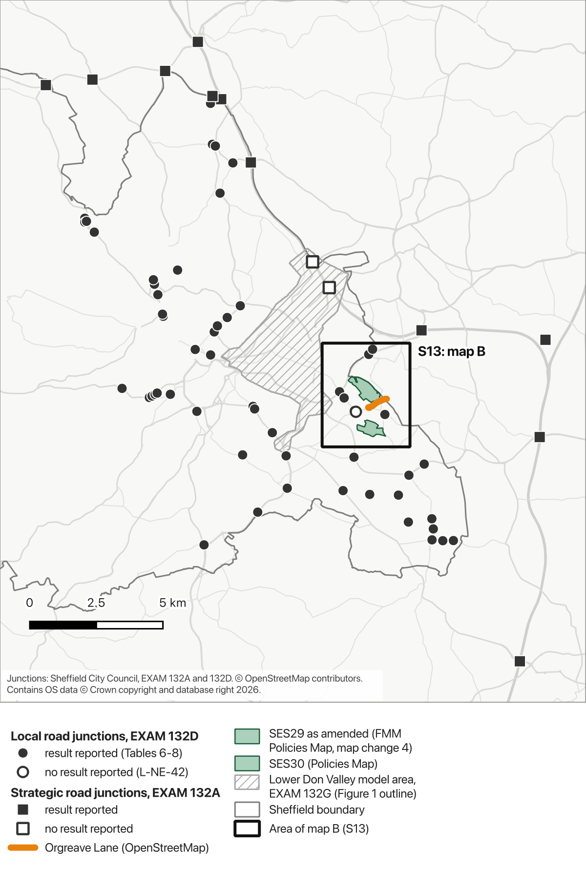 Citywide map of local junctions in EXAM 132D and strategic junctions in EXAM 132A. Hollow symbols mark Handsworth Road / Richmond Road and M1 Junction 34 North and South, where no result is reported. The approximate Lower Don Valley outline is hatched, and a box locates the S13 close-up.